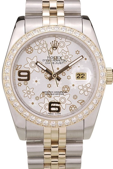 MiroTime 0718 Rolex DateJust Brushed Stainless Steel Case Silver Flowers Dial Diamonds Plated